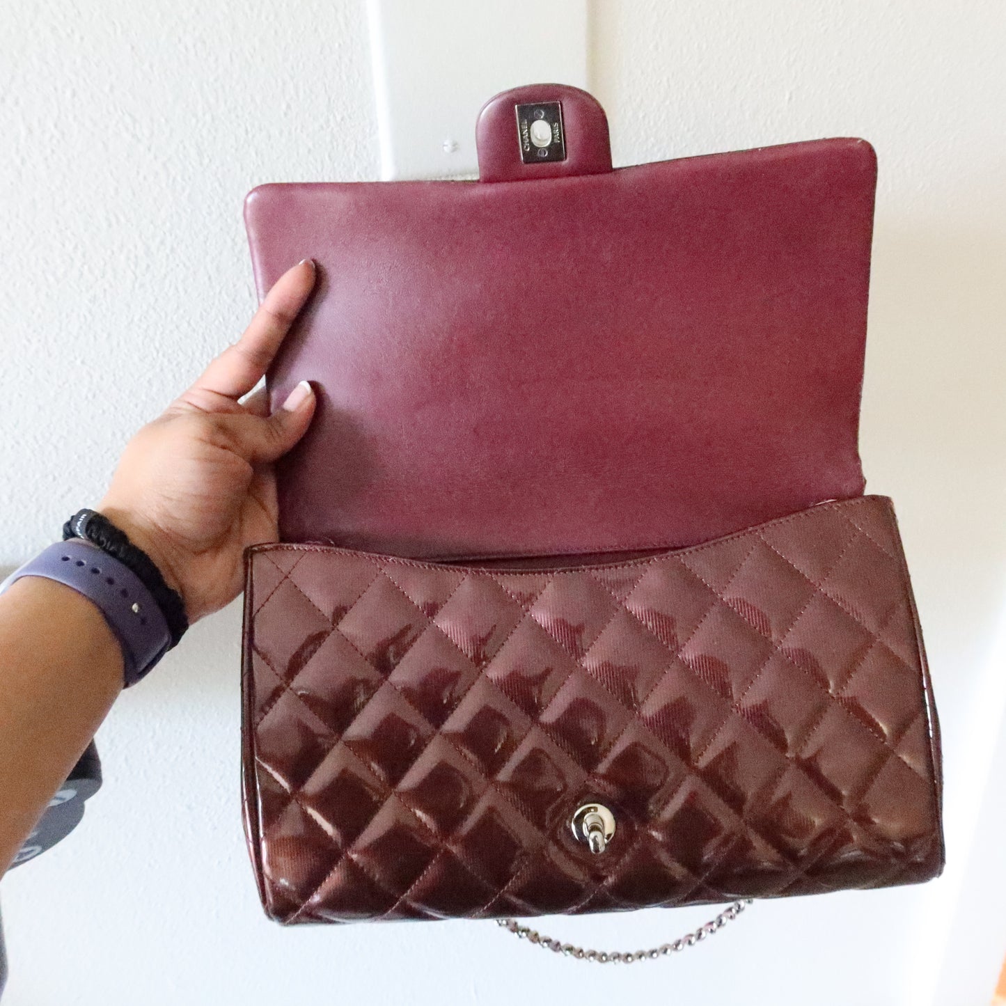 CHANEL Matelasse Patent Leather Chain Shoulder Bag Burgundy