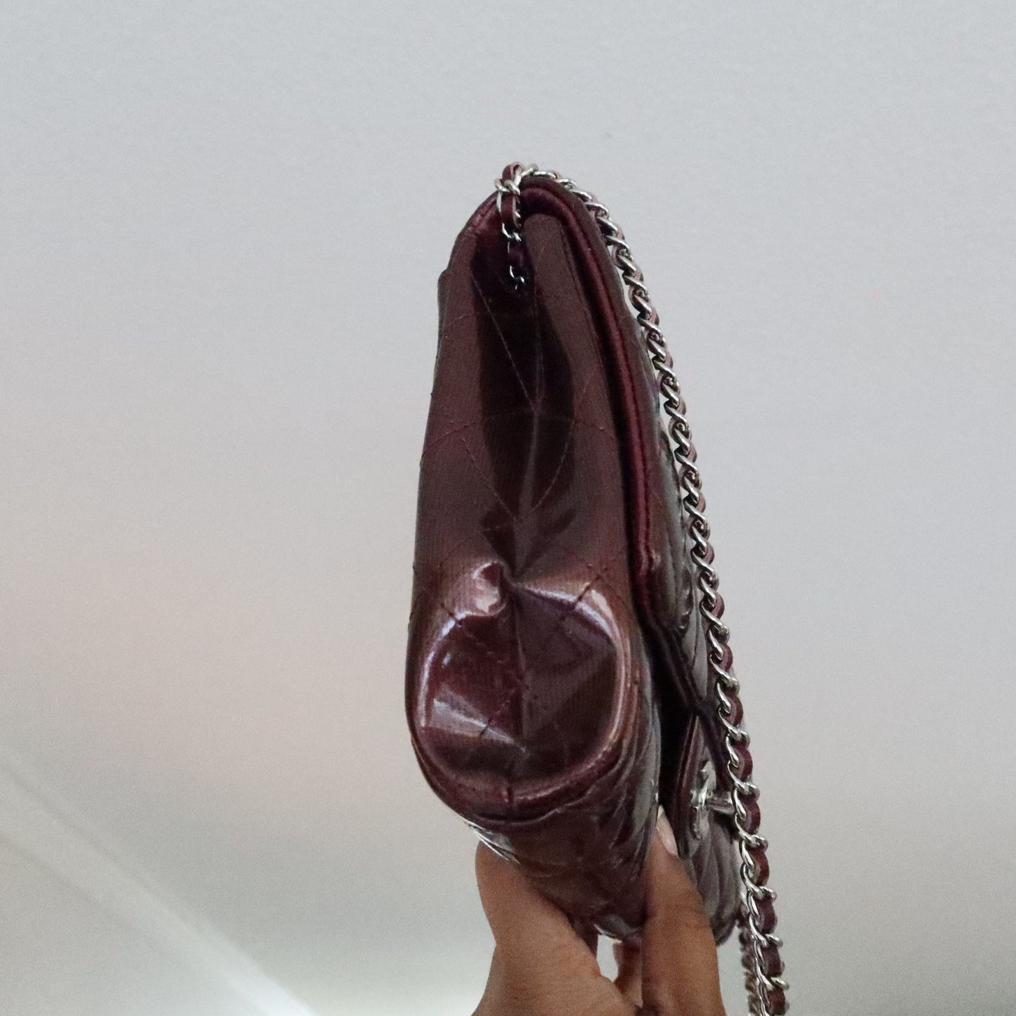 CHANEL Matelasse Patent Leather Chain Shoulder Bag Burgundy