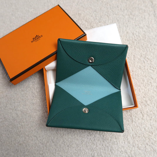 Hermes Calvi Card Case Duo Green Blue