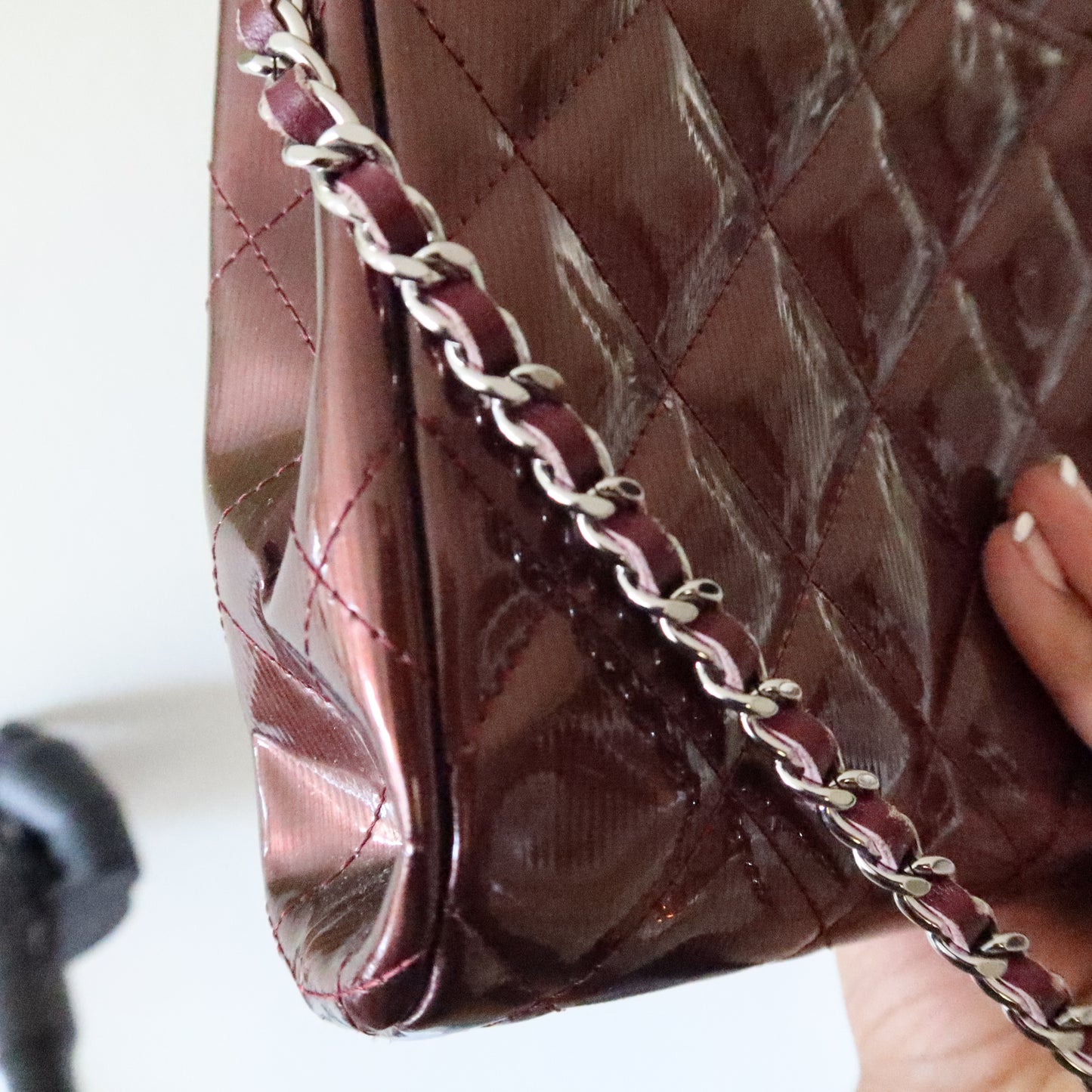 CHANEL Matelasse Patent Leather Chain Shoulder Bag Burgundy