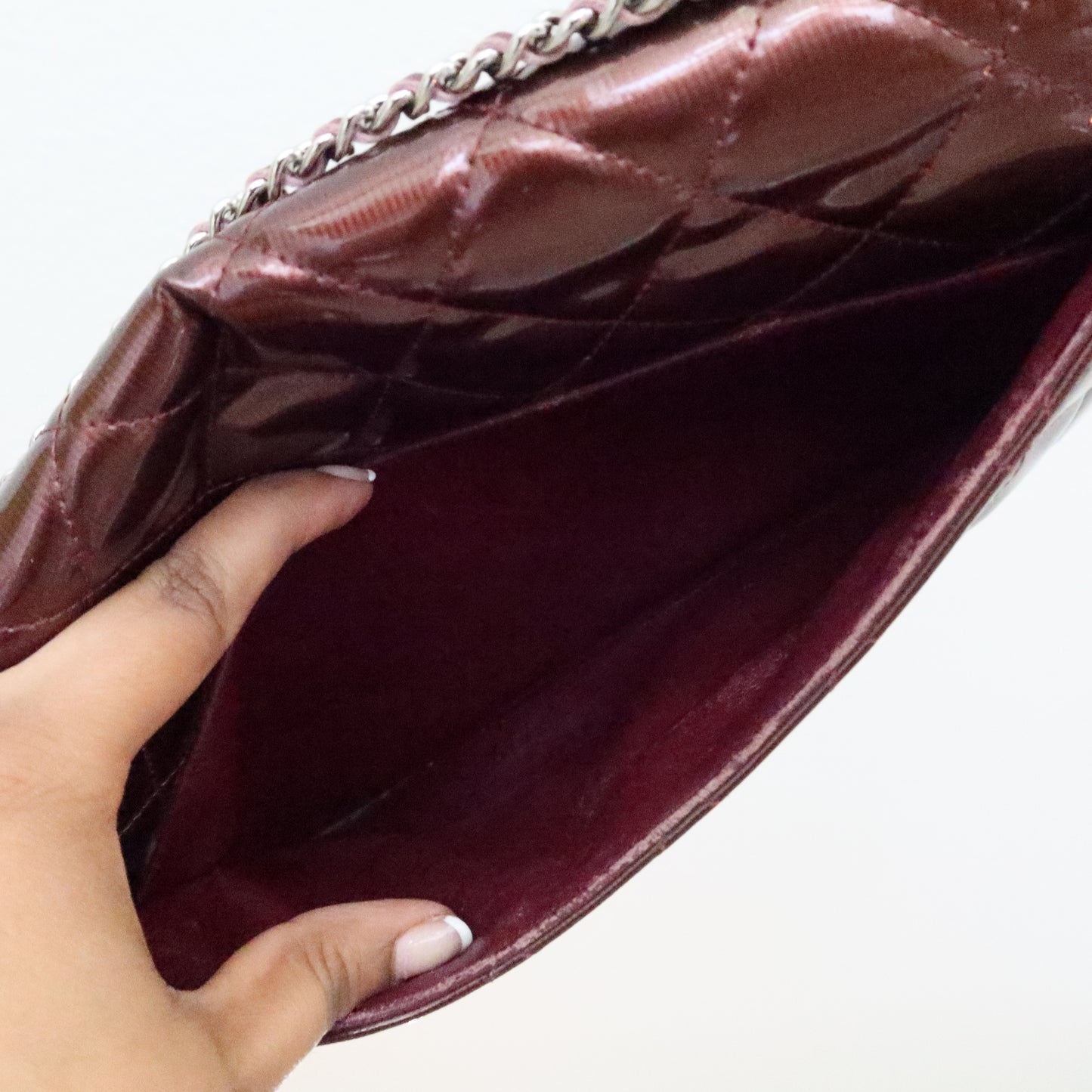 CHANEL Matelasse Patent Leather Chain Shoulder Bag Burgundy