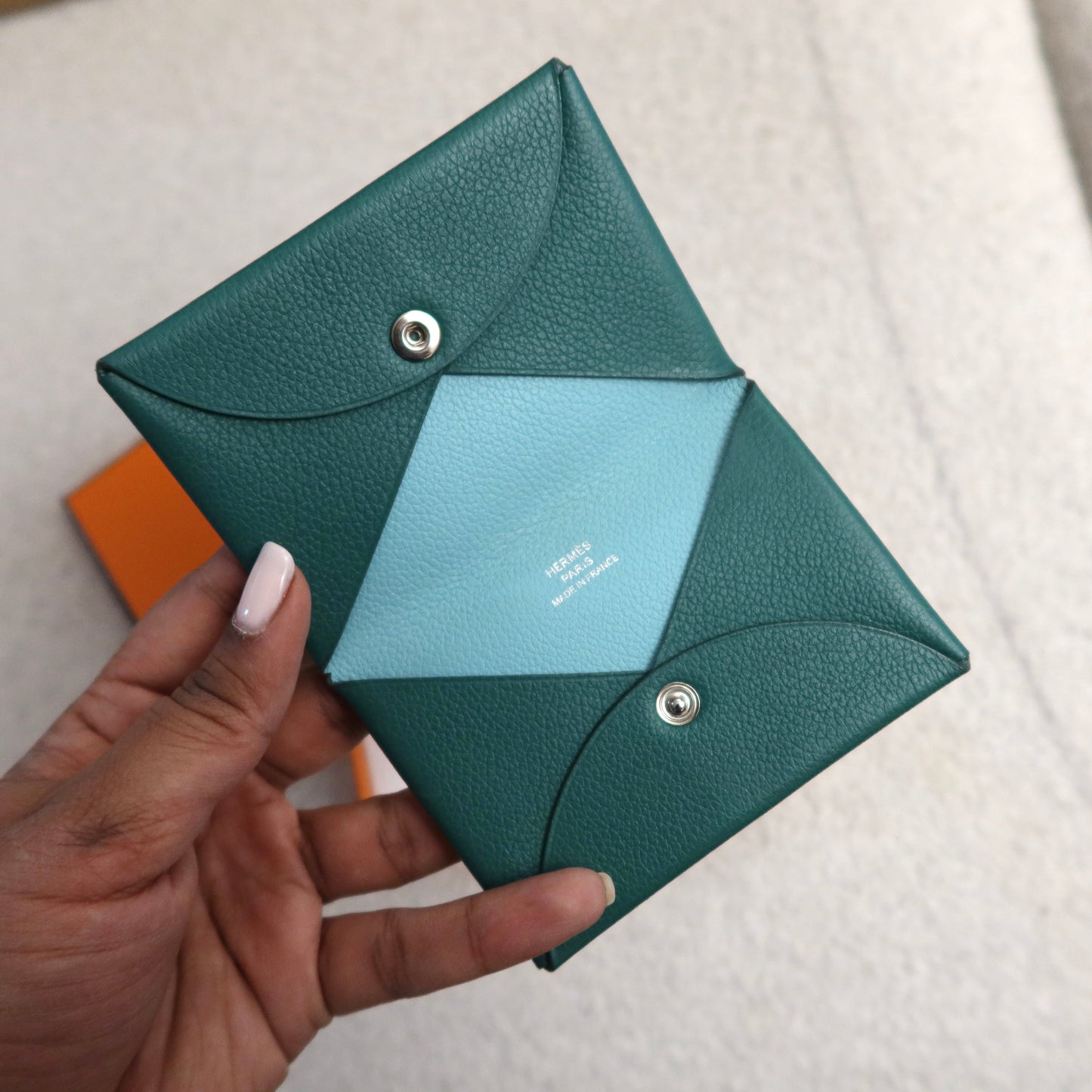 Hermes Calvi Card Case Duo Green Blue