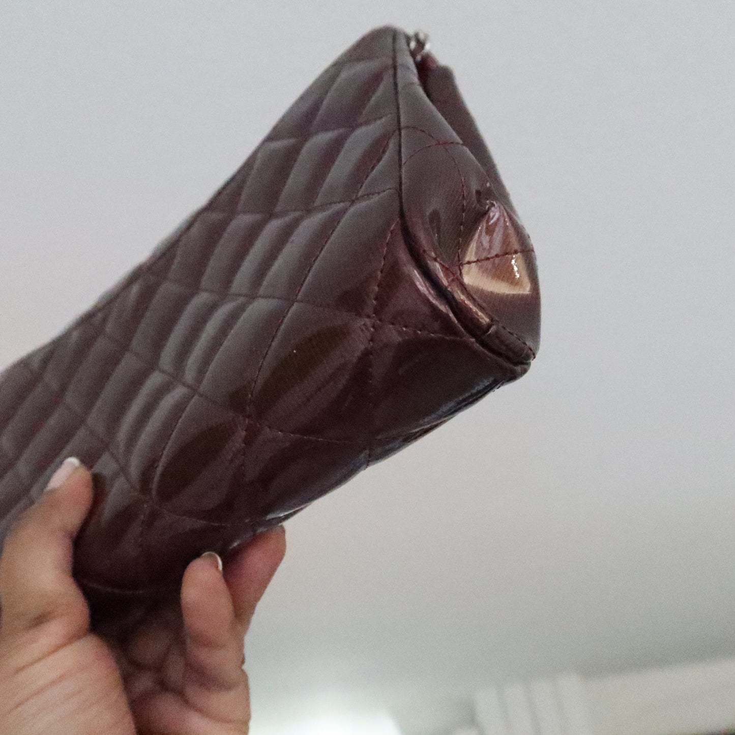 CHANEL Matelasse Patent Leather Chain Shoulder Bag Burgundy