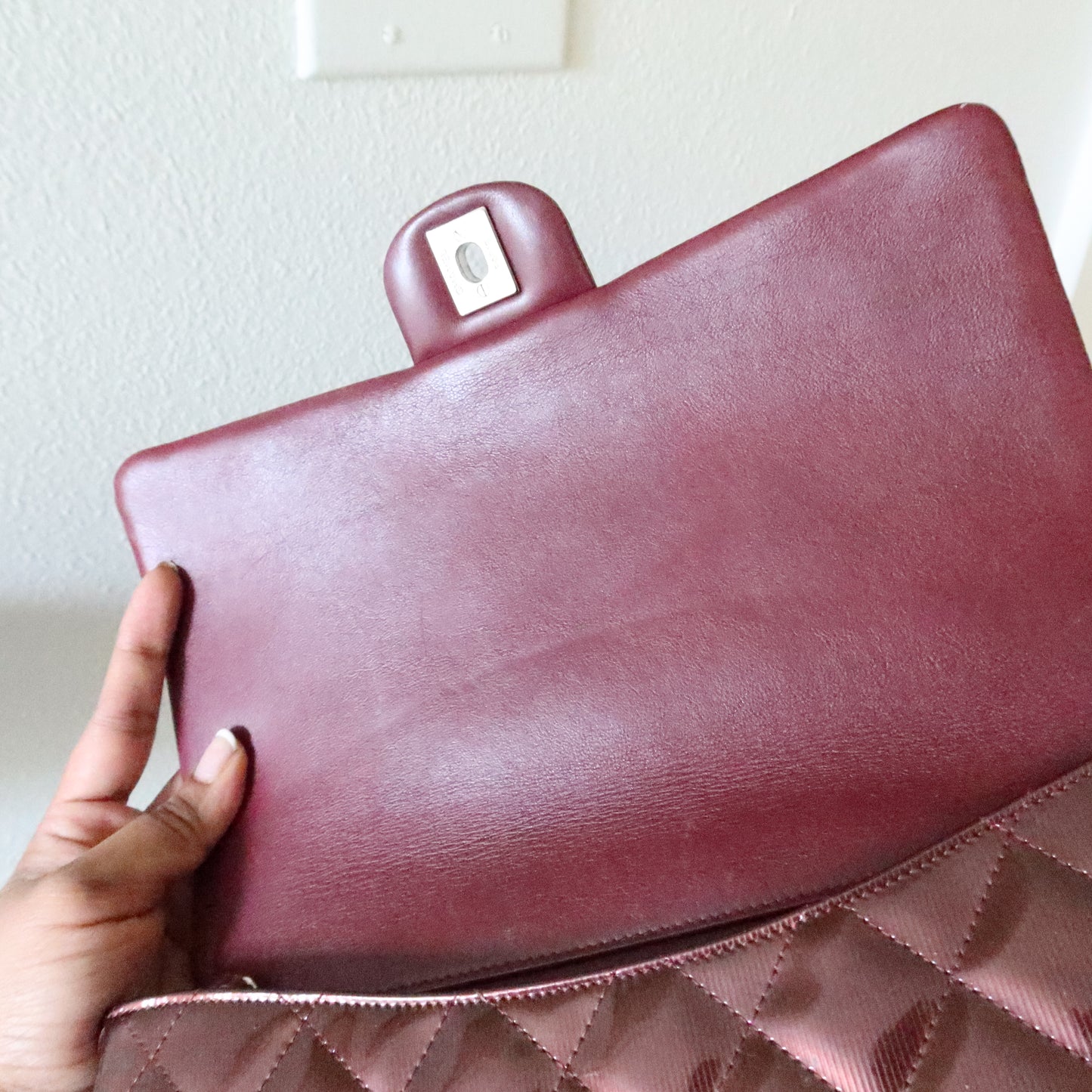 CHANEL Matelasse Patent Leather Chain Shoulder Bag Burgundy