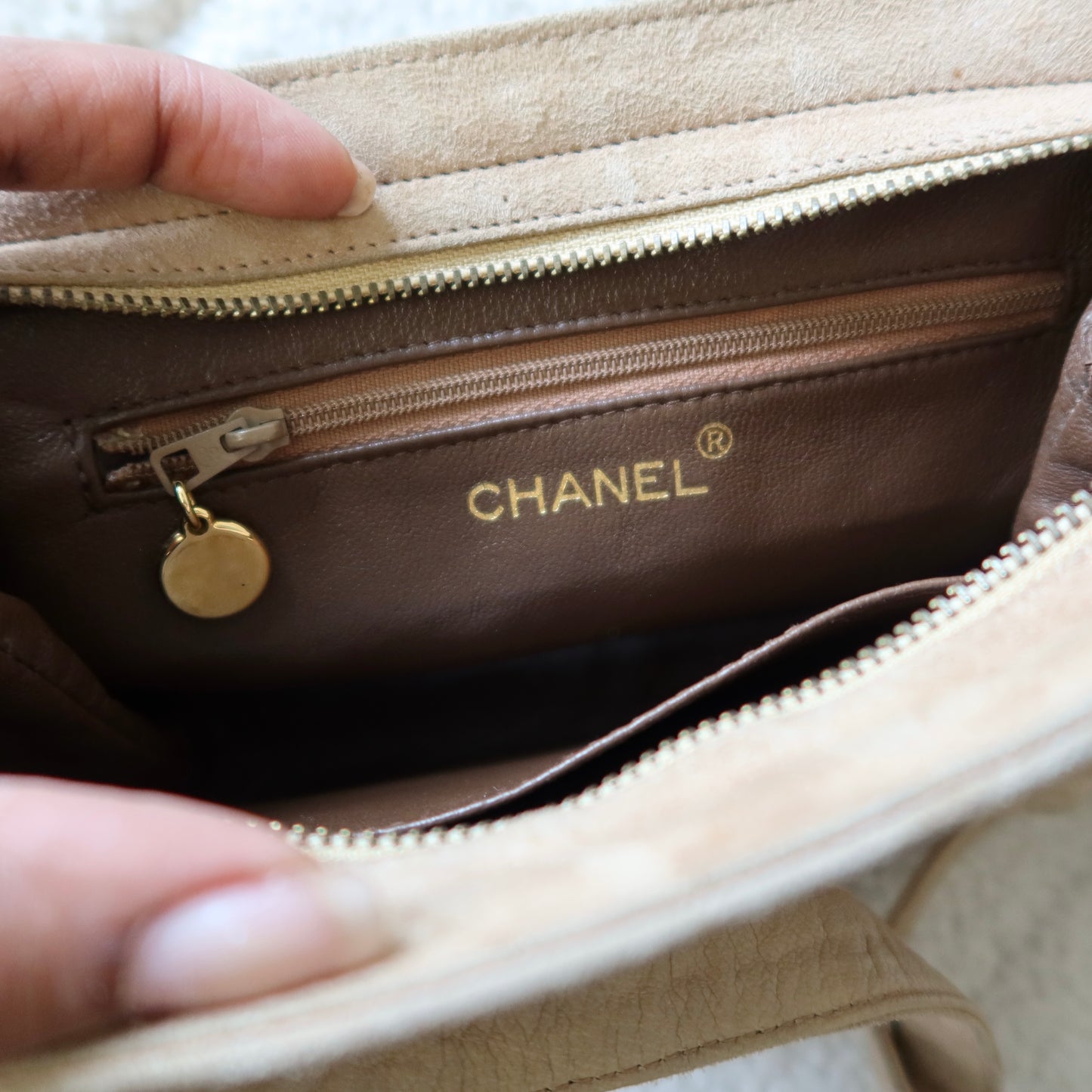 CHANEL Beige Suede Crossbody Bag