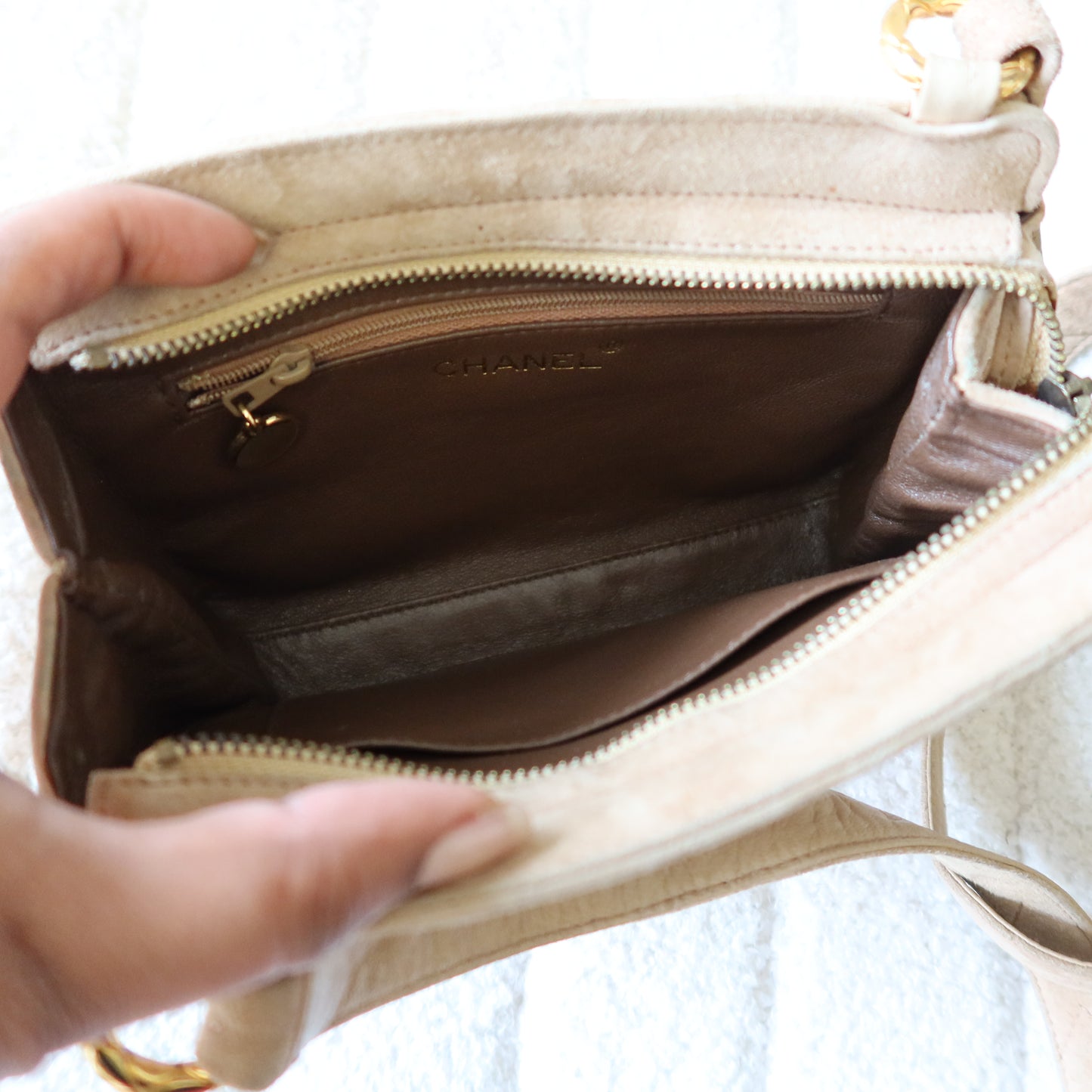 CHANEL Beige Suede Crossbody Bag