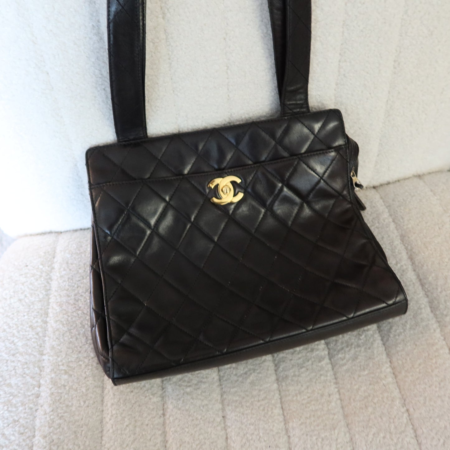 CHANEL Quilted Shoulder Bag Black Lambskin with Gold Hardware