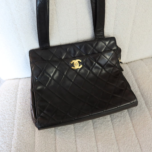 CHANEL Quilted Shoulder Bag Black Lambskin with Gold Hardware