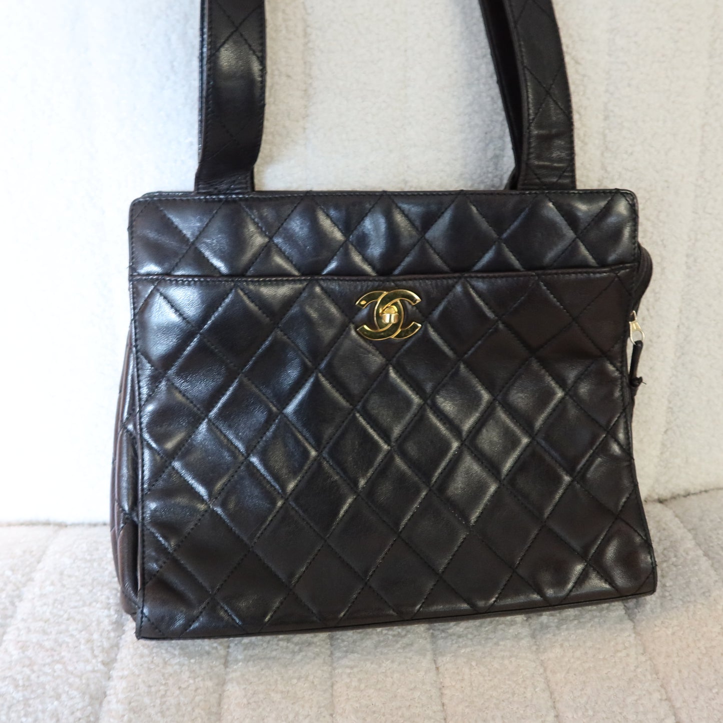 CHANEL Quilted Shoulder Bag Black Lambskin with Gold Hardware