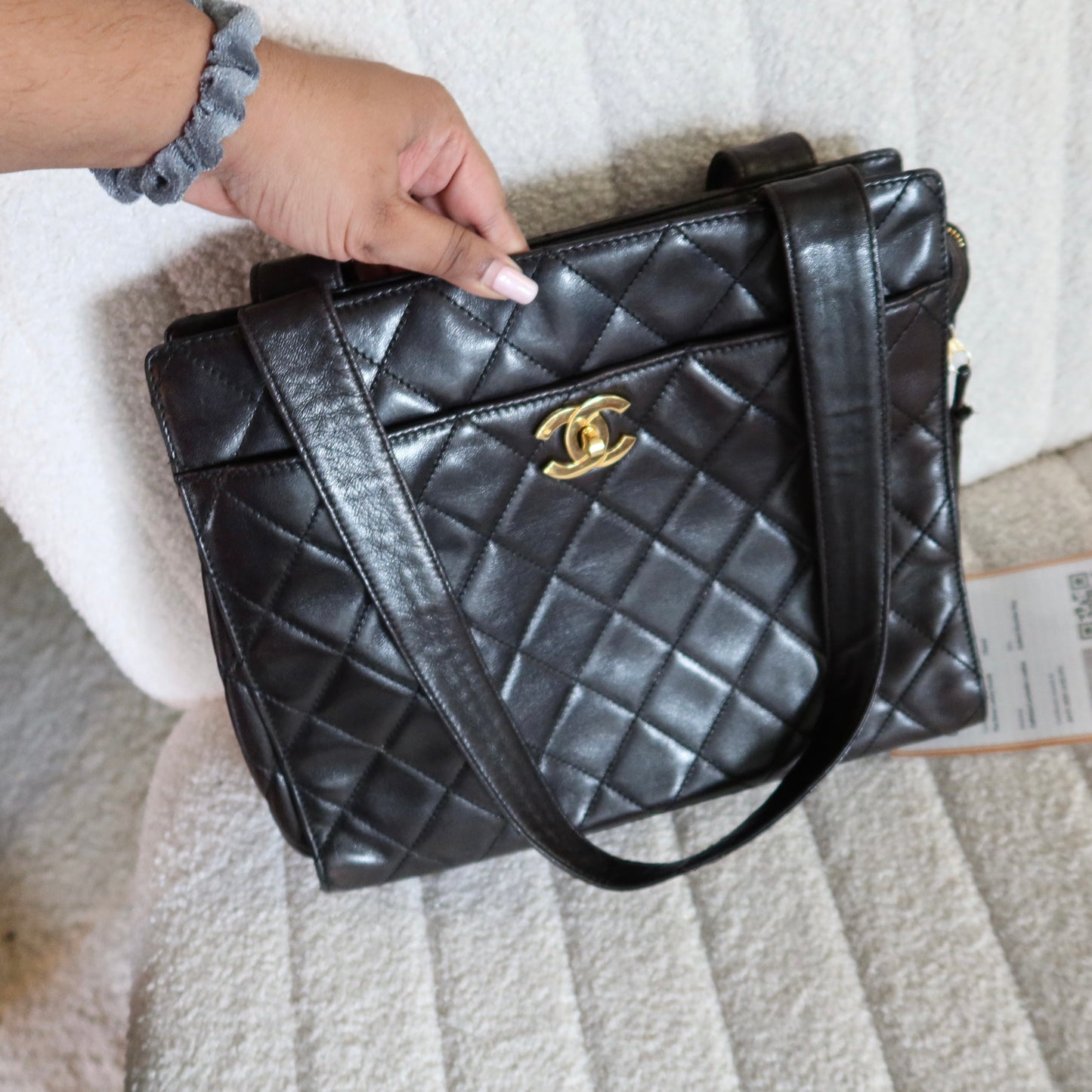 CHANEL Quilted Shoulder Bag Black Lambskin with Gold Hardware