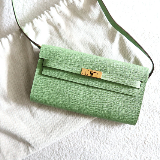 HERMES Kelly To Go Wallet on Strap Epsom Leather Verso Green and Blue GHW
