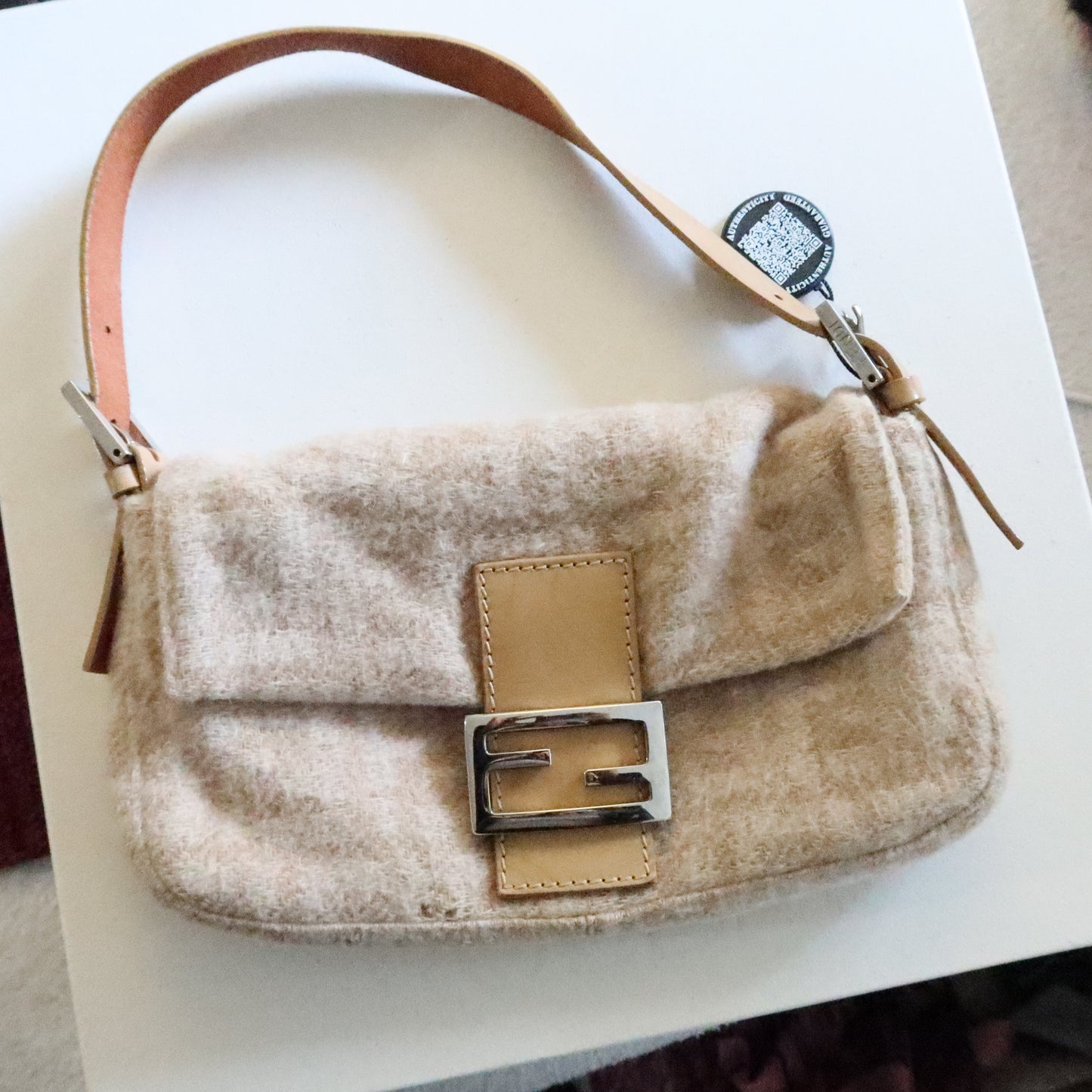 FENDI Wool Baguette Bag Beige