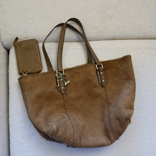 GUCCI Shearling Suede Reversible Tote with Pouch and Charms
