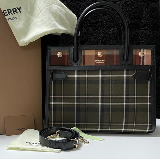BURBERRY Olive Green Small Leather Top Handle Bag