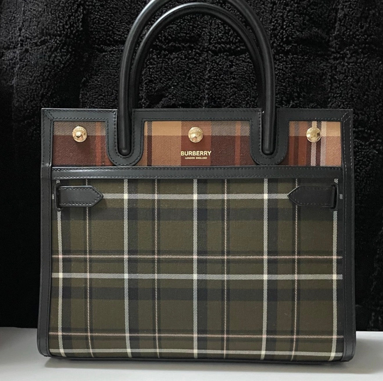 BURBERRY Olive Green Small Leather Top Handle Bag